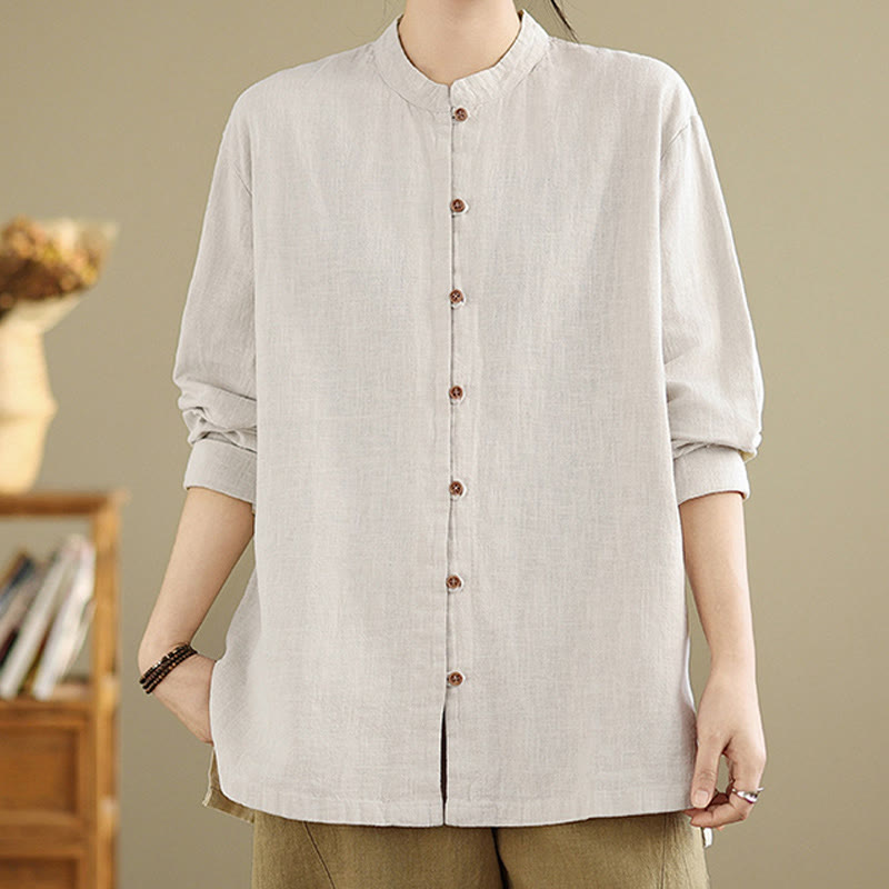 Solid Color Front Buttons Design Long Sleeve Women's Cotton Linen Shirt