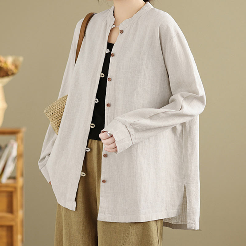 Solid Color Front Buttons Design Long Sleeve Women's Cotton Linen Shirt