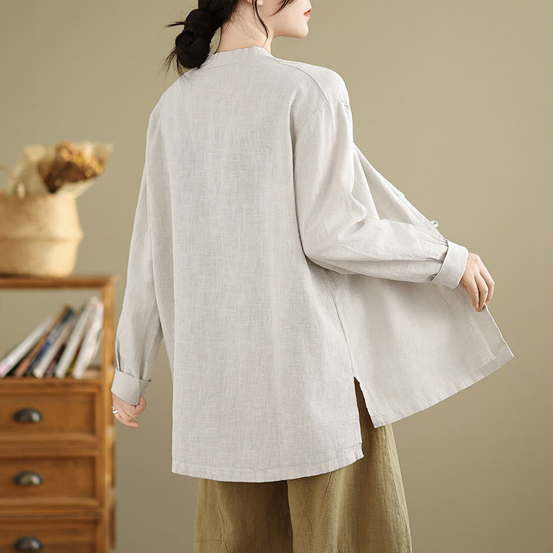 Solid Color Front Buttons Design Long Sleeve Women's Cotton Linen Shirt