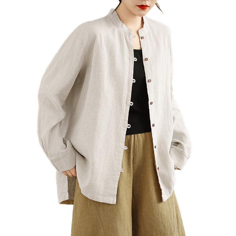 Solid Color Front Buttons Design Long Sleeve Women's Cotton Linen Shirt