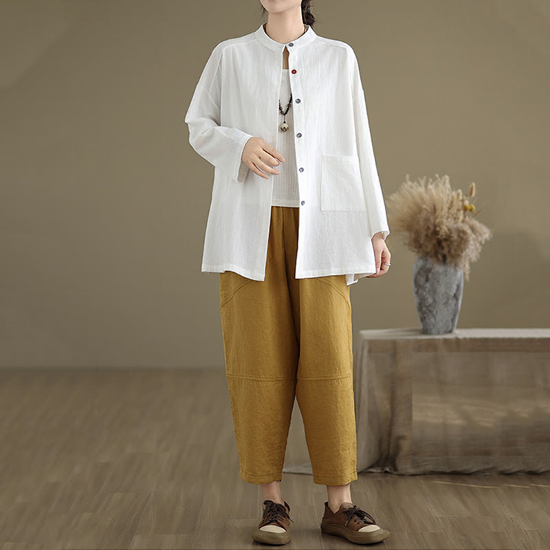 Tactile Cotton Linen Stand Collar Mindful Shirt