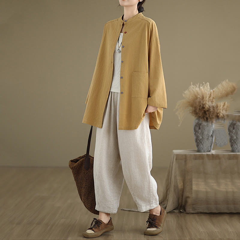 Tactile Cotton Linen Stand Collar Mindful Shirt