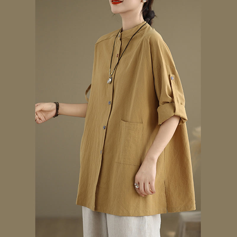 Tactile Cotton Linen Stand Collar Mindful Shirt