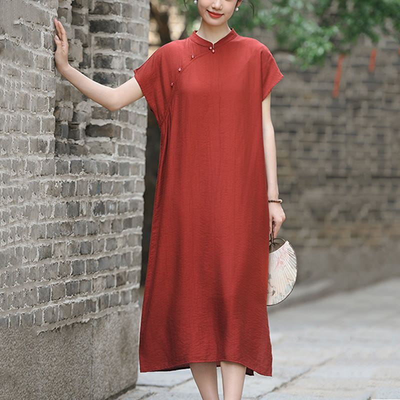 Cotton-Linen Stand Collar Midi Meditation Dress