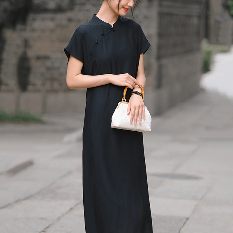 Cotton-Linen Stand Collar Midi Meditation Dress