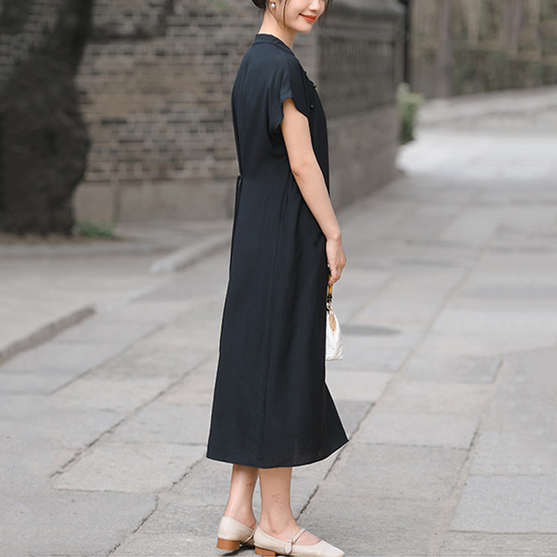 Cotton-Linen Stand Collar Midi Meditation Dress