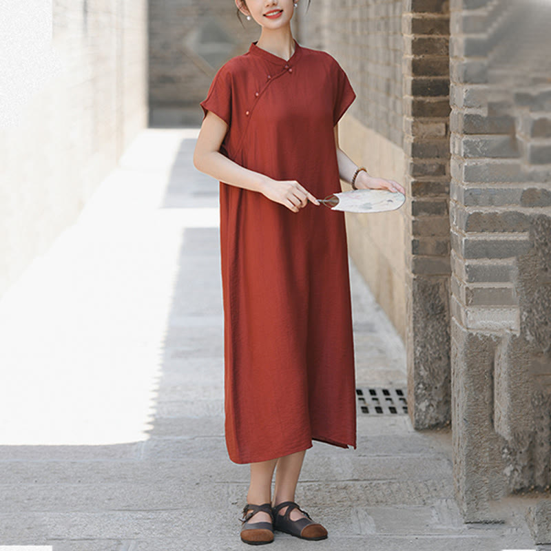 Cotton-Linen Stand Collar Midi Meditation Dress