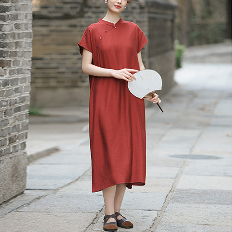 Cotton-Linen Stand Collar Midi Meditation Dress