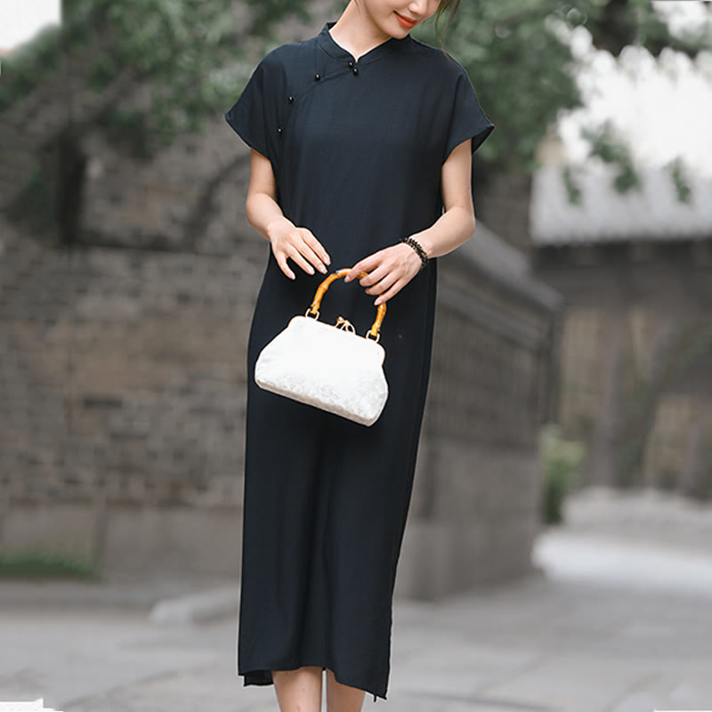 Cotton-Linen Stand Collar Midi Meditation Dress