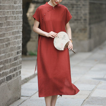 Cotton-Linen Stand Collar Midi Meditation Dress