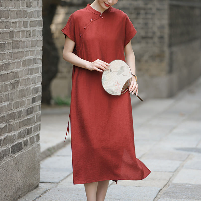 Cotton-Linen Stand Collar Midi Meditation Dress