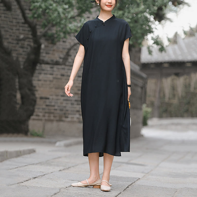Cotton-Linen Stand Collar Midi Meditation Dress