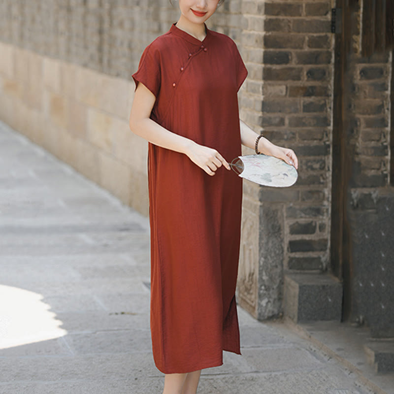 Cotton-Linen Stand Collar Midi Meditation Dress