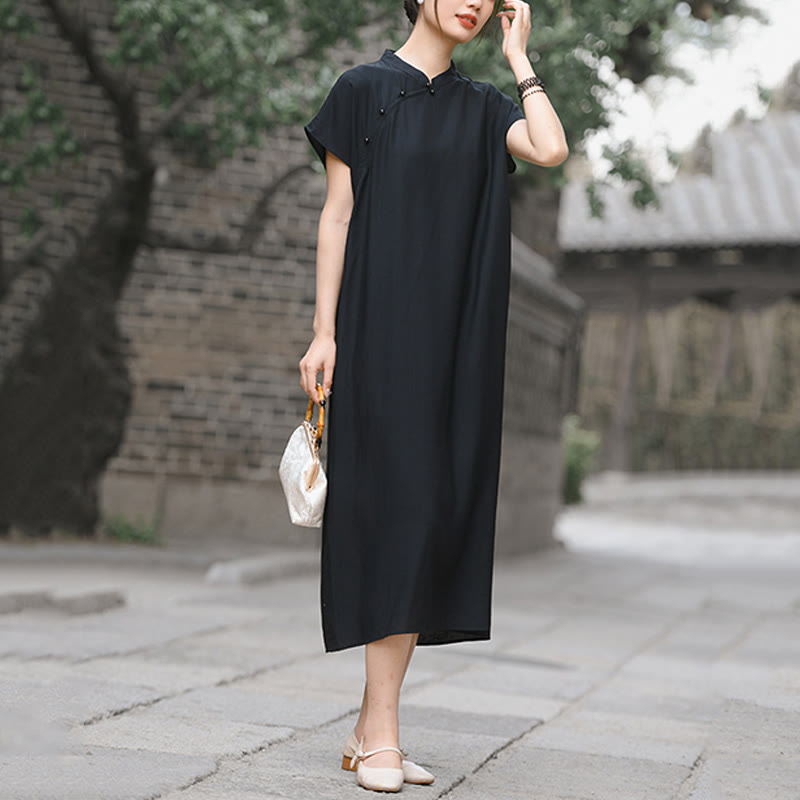 Cotton-Linen Stand Collar Midi Meditation Dress