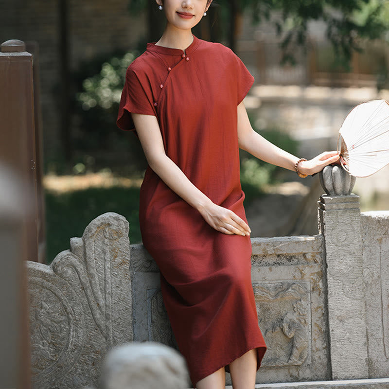 Cotton-Linen Stand Collar Midi Meditation Dress