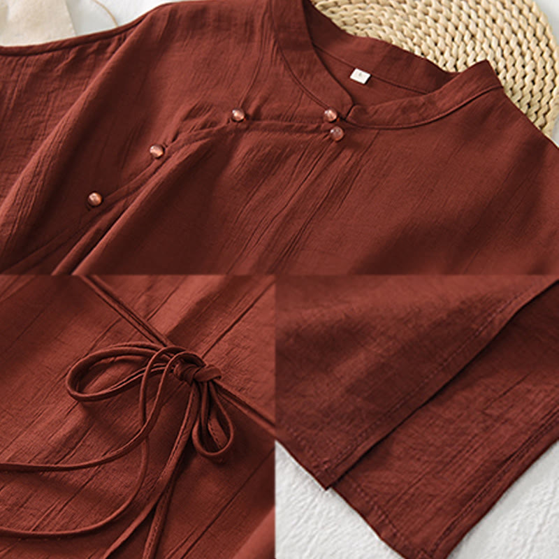 Cotton-Linen Stand Collar Midi Meditation Dress