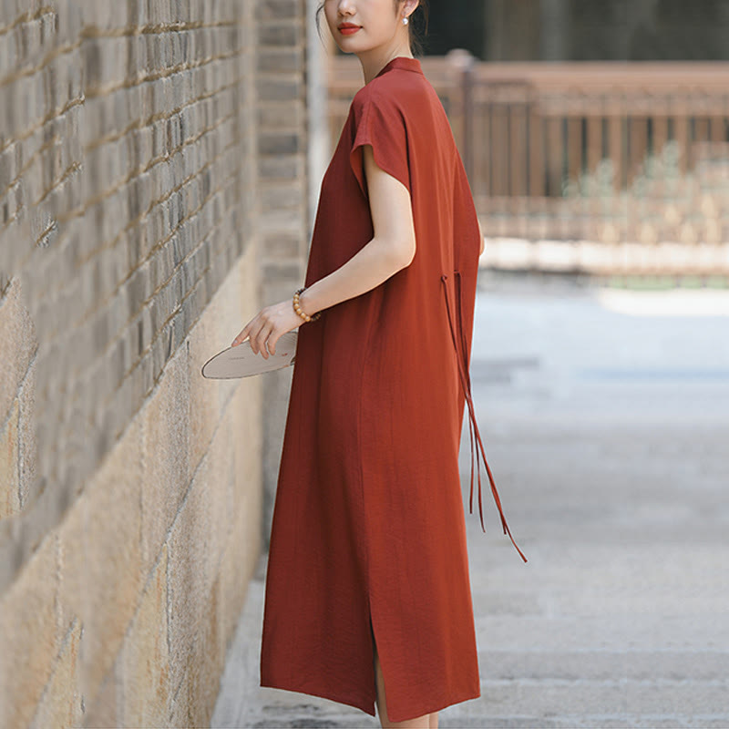 Cotton-Linen Stand Collar Midi Meditation Dress