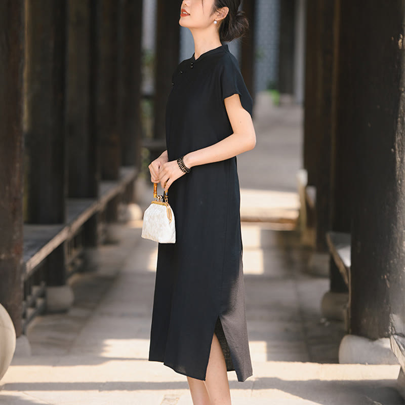 Cotton-Linen Stand Collar Midi Meditation Dress
