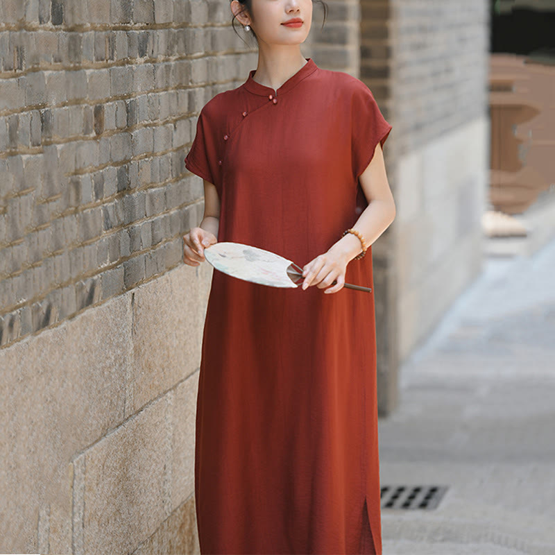 Cotton-Linen Stand Collar Midi Meditation Dress