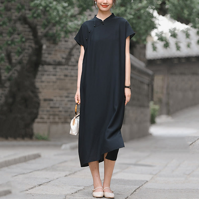 Cotton-Linen Stand Collar Midi Meditation Dress