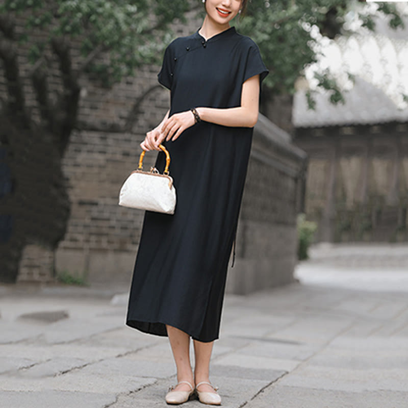 Cotton-Linen Stand Collar Midi Meditation Dress