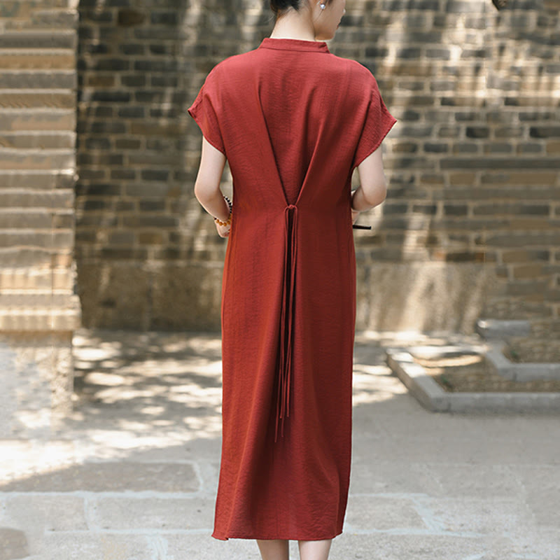 Cotton-Linen Stand Collar Midi Meditation Dress