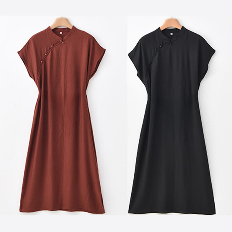 Cotton-Linen Stand Collar Midi Meditation Dress