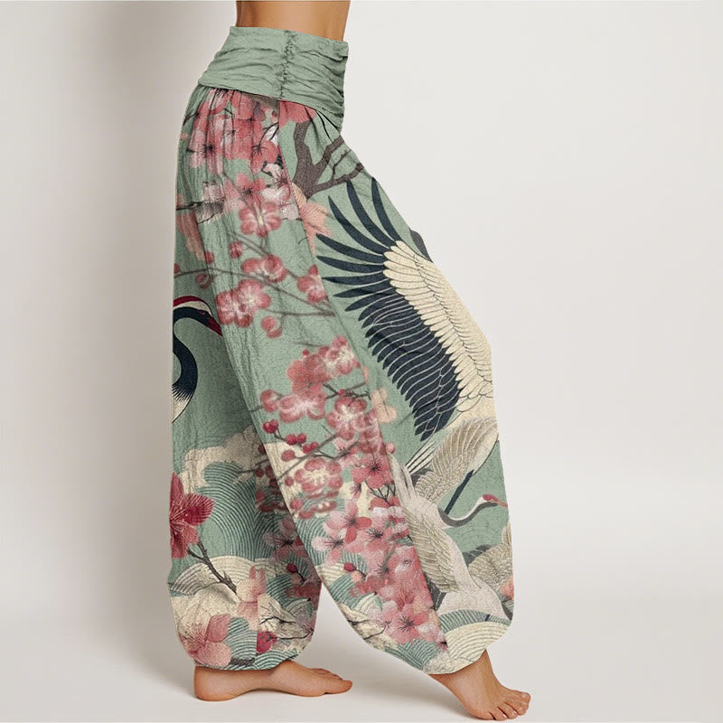 Cotton Casual Crane Cherry Blossom Design Pattern Women's Elastic Waist Harem Pants