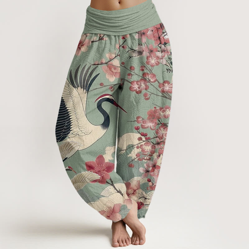 Cotton Casual Crane Cherry Blossom Design Pattern Women's Elastic Waist Harem Pants