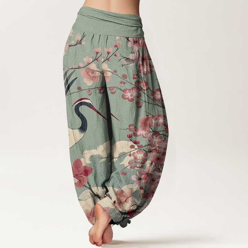 Cotton Casual Crane Cherry Blossom Design Pattern Women's Elastic Waist Harem Pants