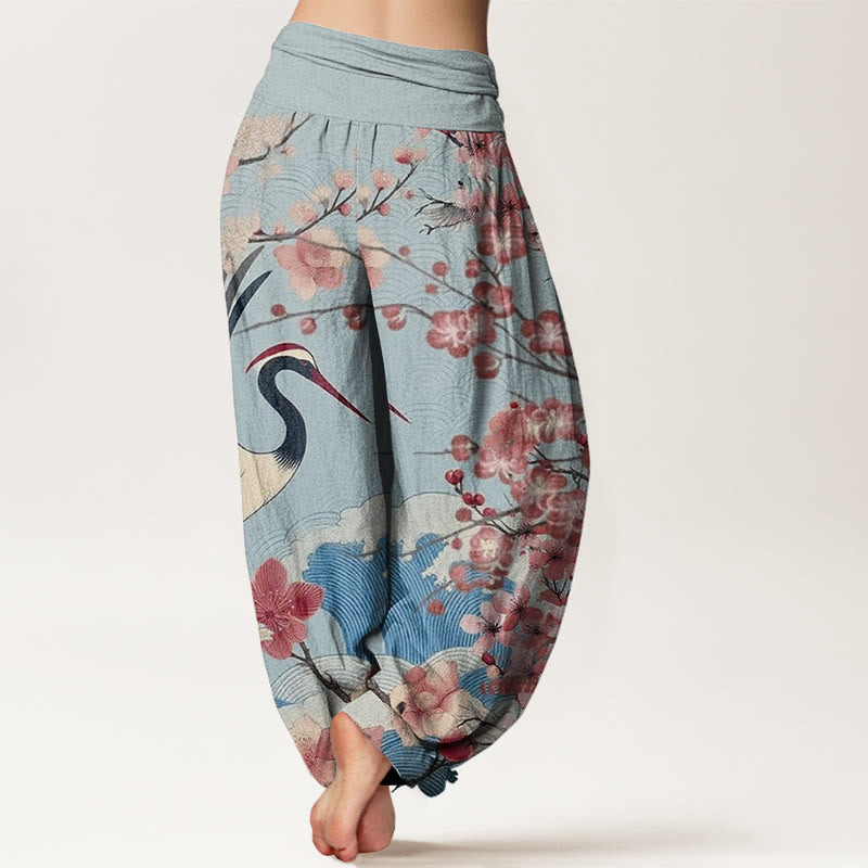 Cotton Casual Crane Cherry Blossom Design Pattern Women's Elastic Waist Harem Pants