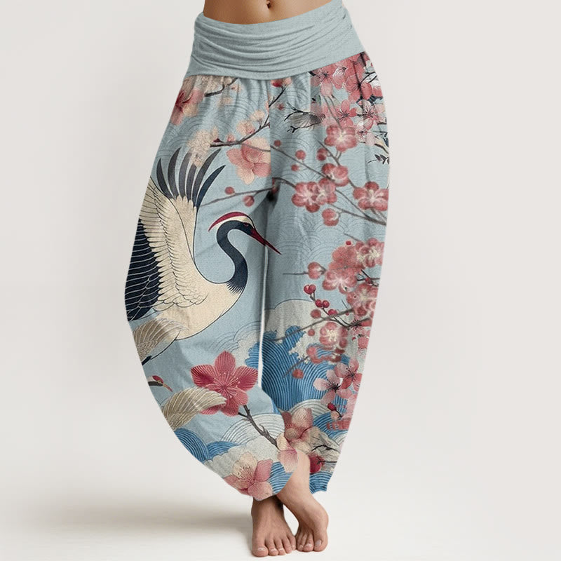 Cotton Casual Crane Cherry Blossom Design Pattern Women's Elastic Waist Harem Pants