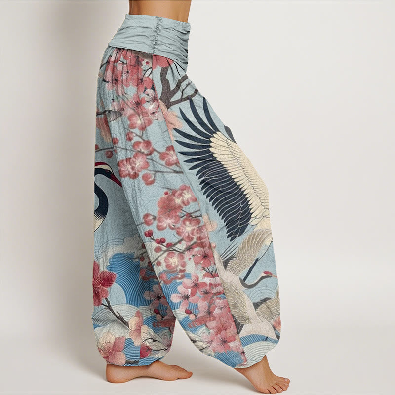 Cotton Casual Crane Cherry Blossom Design Pattern Women's Elastic Waist Harem Pants