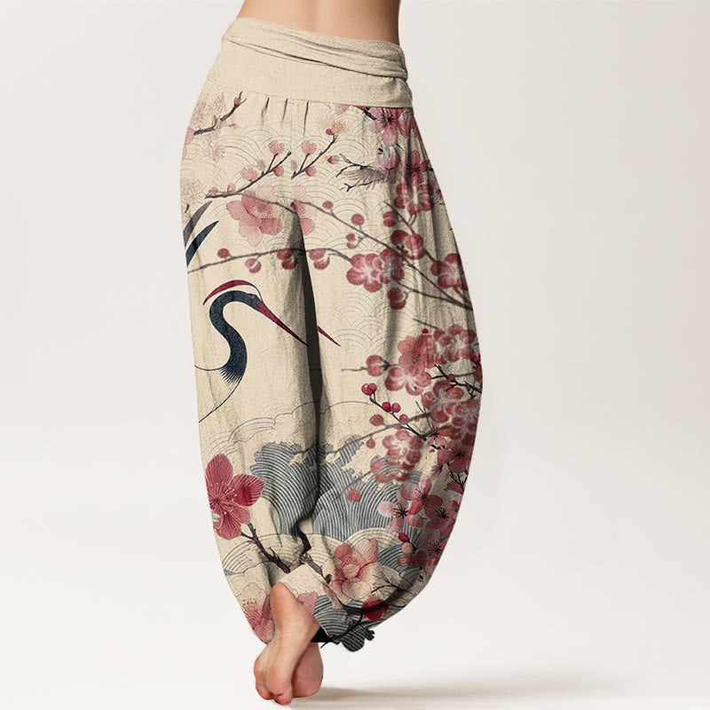 Cotton Casual Crane Cherry Blossom Design Pattern Women's Elastic Waist Harem Pants