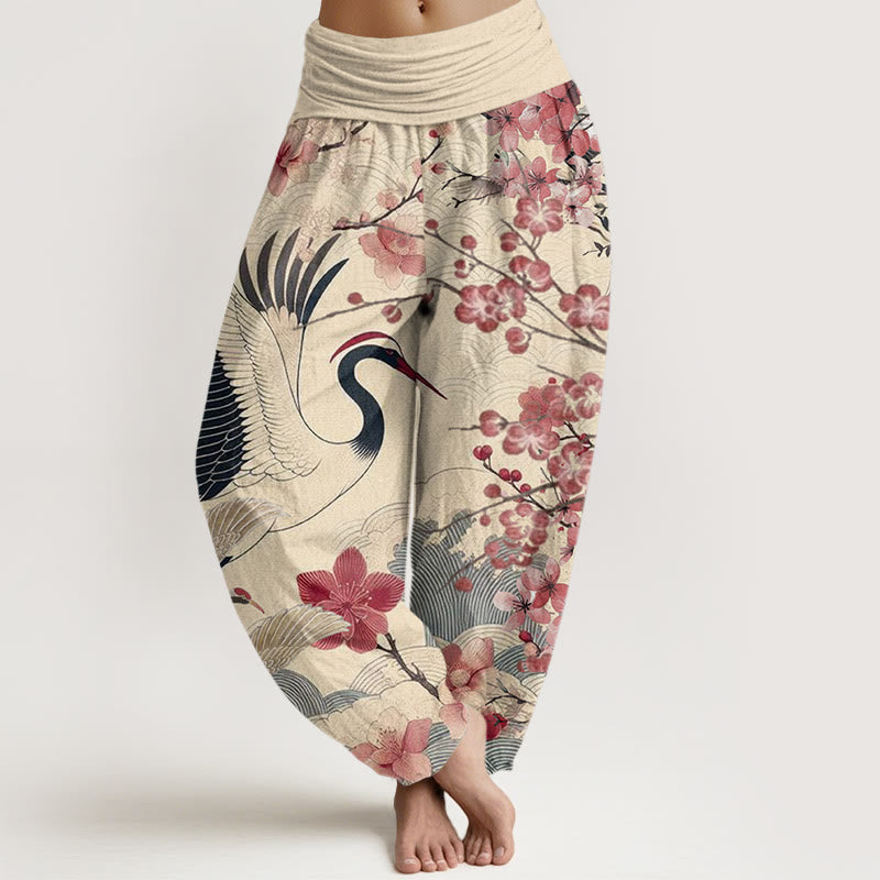 Cotton Casual Crane Cherry Blossom Design Pattern Women's Elastic Waist Harem Pants