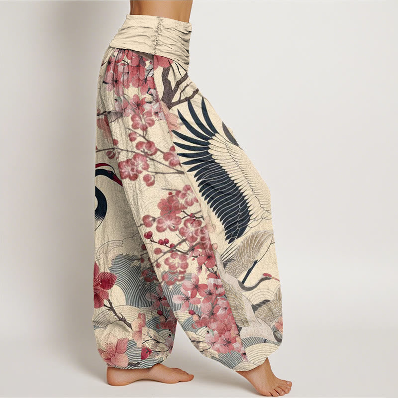 Cotton Casual Crane Cherry Blossom Design Pattern Women's Elastic Waist Harem Pants