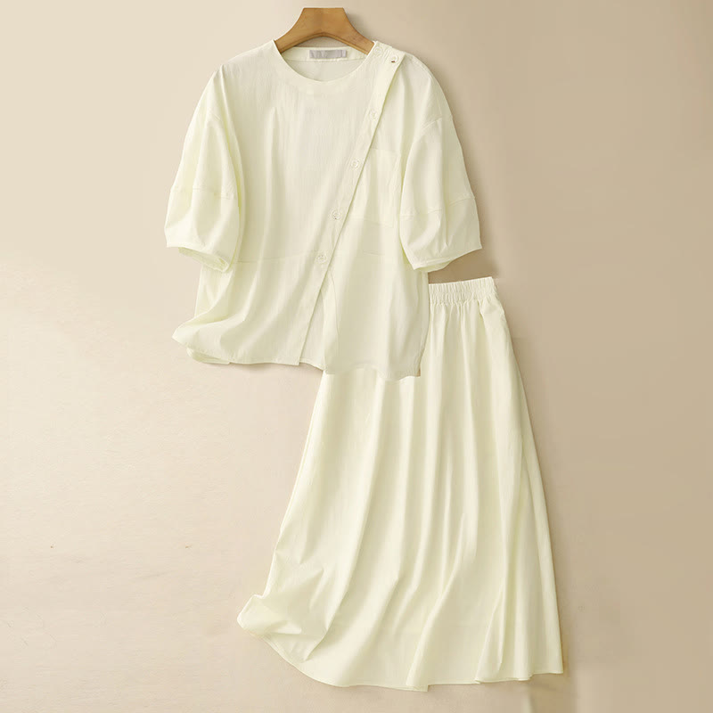 Tactile Cotton Irregular Button Meditation Shirt & Skirt Set