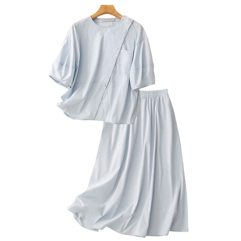 Tactile Cotton Irregular Button Meditation Shirt & Skirt Set
