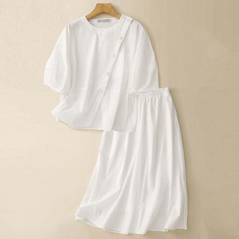 Tactile Cotton Irregular Button Meditation Shirt & Skirt Set