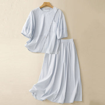 Tactile Cotton Irregular Button Meditation Shirt & Skirt Set