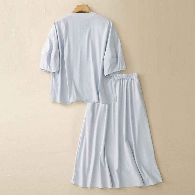 Tactile Cotton Irregular Button Meditation Shirt & Skirt Set