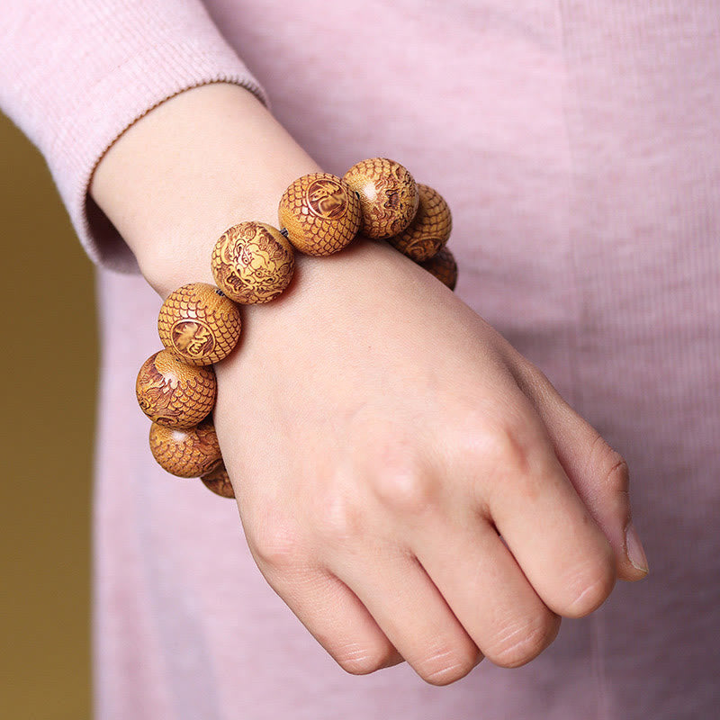 Hand-Carved Natural Sandalwood Dragon Motif Grounding Bracelet