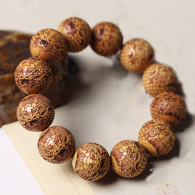 Hand-Carved Natural Sandalwood Dragon Motif Grounding Bracelet