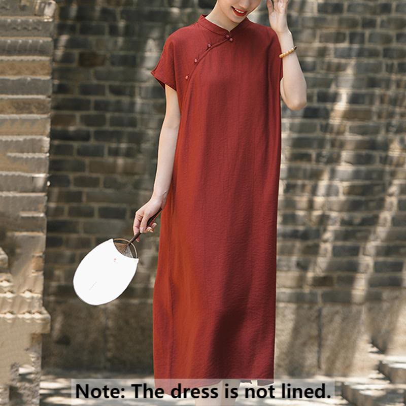 Cotton-Linen Stand Collar Midi Meditation Dress