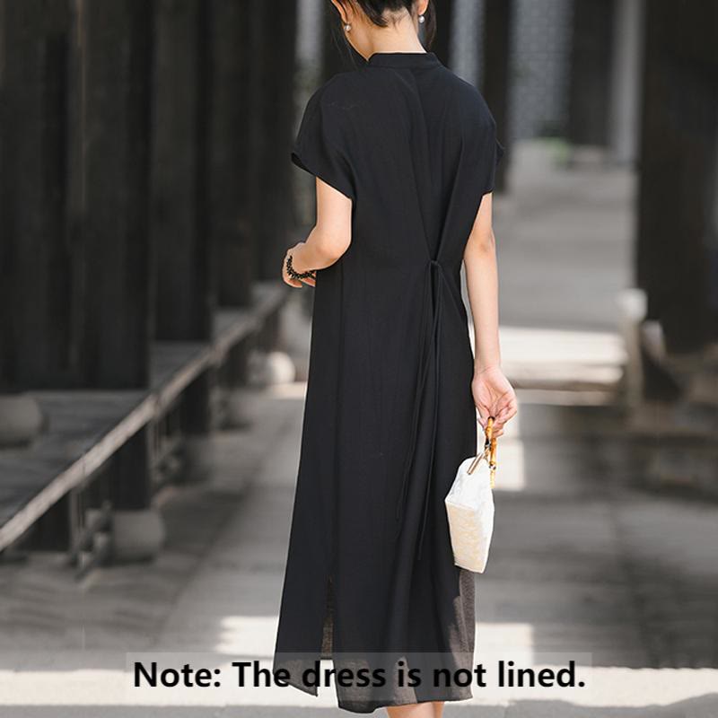 Cotton-Linen Stand Collar Midi Meditation Dress