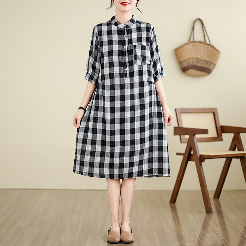 Breathable Plaid Cotton Linen Relaxed Mindful Midi Dress