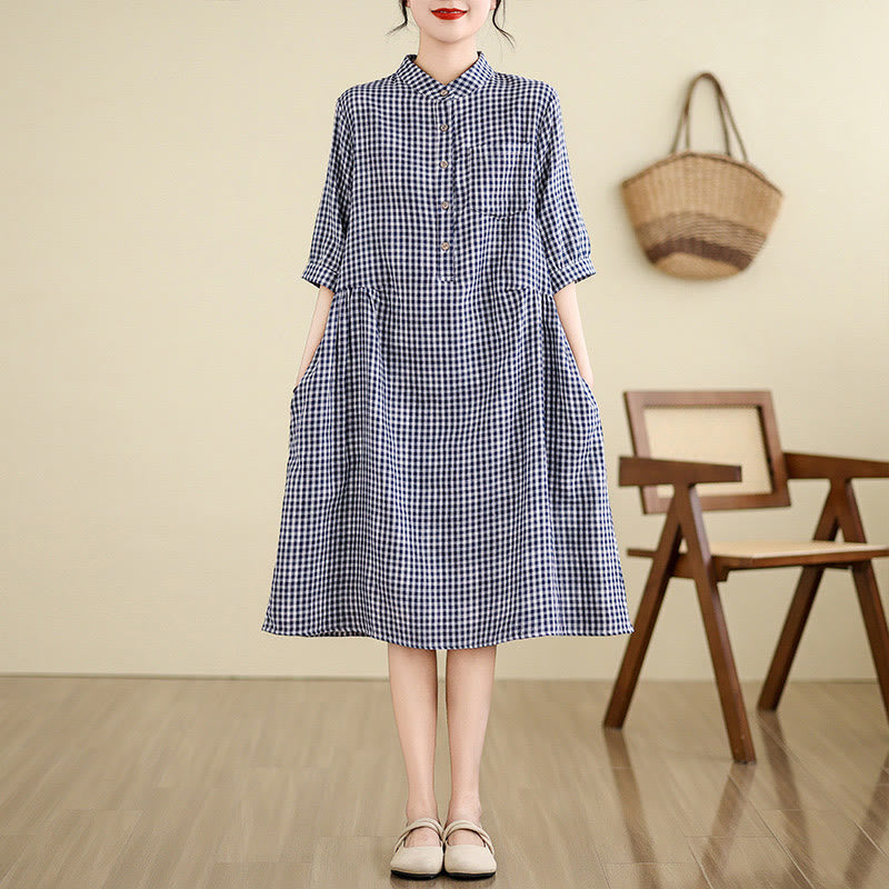 Breathable Plaid Cotton Linen Relaxed Mindful Midi Dress