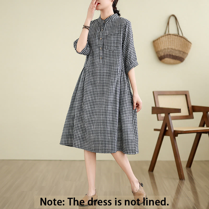 Breathable Plaid Cotton Linen Relaxed Mindful Midi Dress