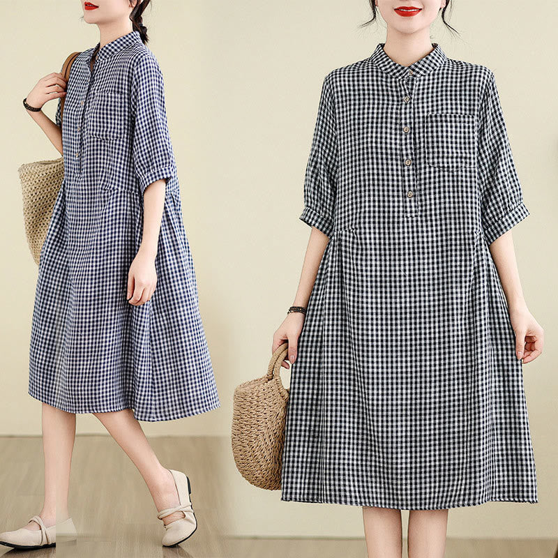Breathable Plaid Cotton Linen Relaxed Mindful Midi Dress
