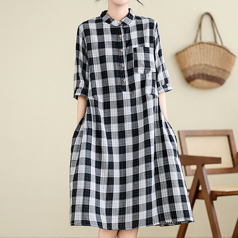 Breathable Plaid Cotton Linen Relaxed Mindful Midi Dress